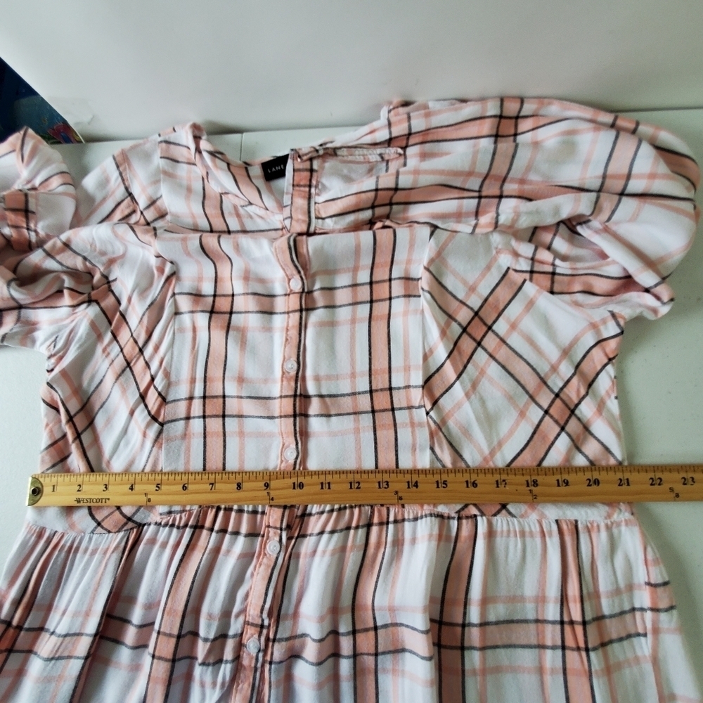 Lane Bryant Plaid‎ Babydoll Top Size 16 Button Front No-Peek Long Sleeve Rayon - Picture 8 of 12